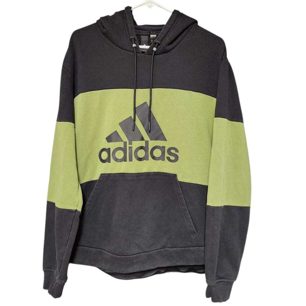 Adidas Mens Large Pullover Hoodie Green Black Colorblock Logo Sweatshirt